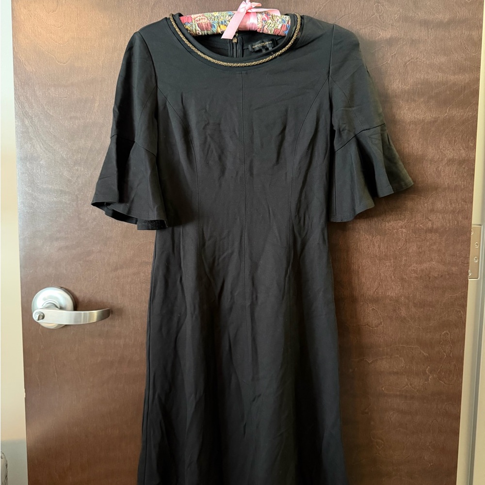 Donna Karan Black Autum Oasis Dress Gold Neckline Trim Bell Sleeves Womens XS